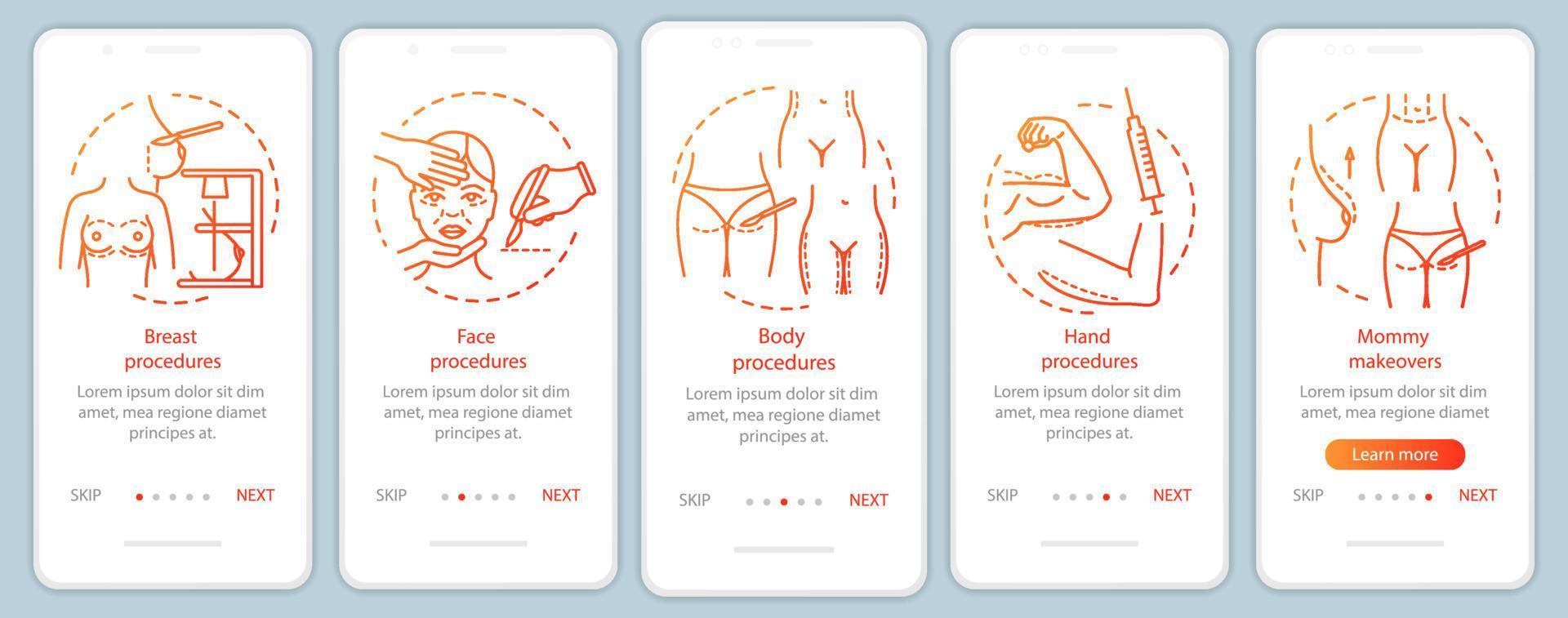 plantilla de vector de pantalla de página de aplicación móvil de incorporación de cirugía de contorno corporal. Procedimientos de senos y manos. Pasos del sitio web del tutorial con ilustraciones lineales. ux, ui, concepto de interfaz de teléfono inteligente gui