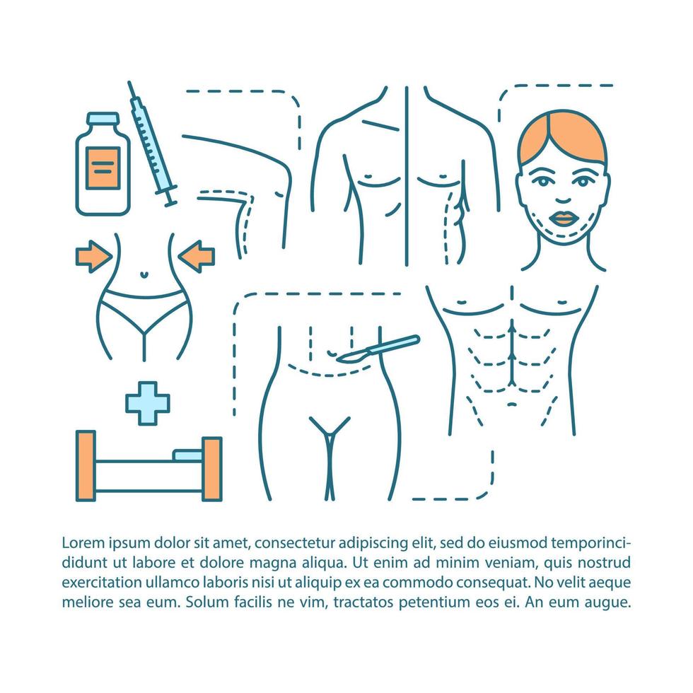 Aesthetic cosmetic surgery article page vector template. Brochure, magazine, booklet design element with linear icons and text boxes. Print design. Concept illustrations with text space