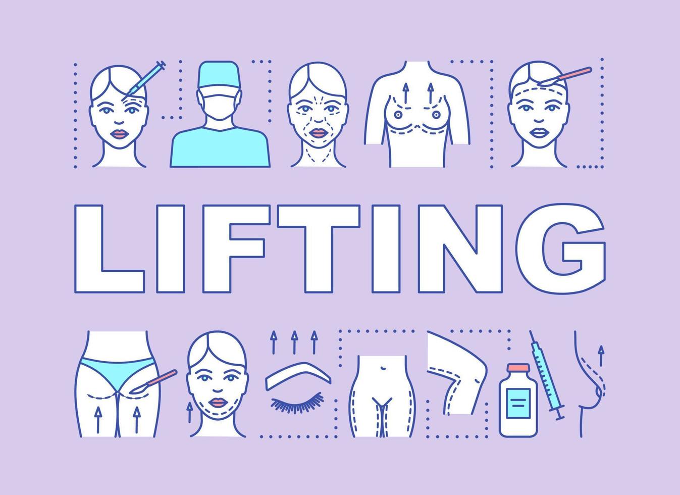 Lifting word concepts banner. Cosmetic surgical procedure. Body, face lift. Rejuvenation. Presentation, website. Isolated lettering typography idea with linear icons. Vector outline illustration