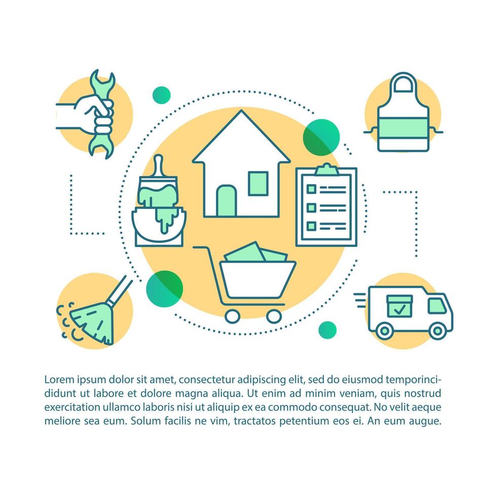 Home services article page vector template. Help in take care of house. Brochure, magazine, booklet design element with linear icons and text boxes. Print design. Concept illustrations with text space