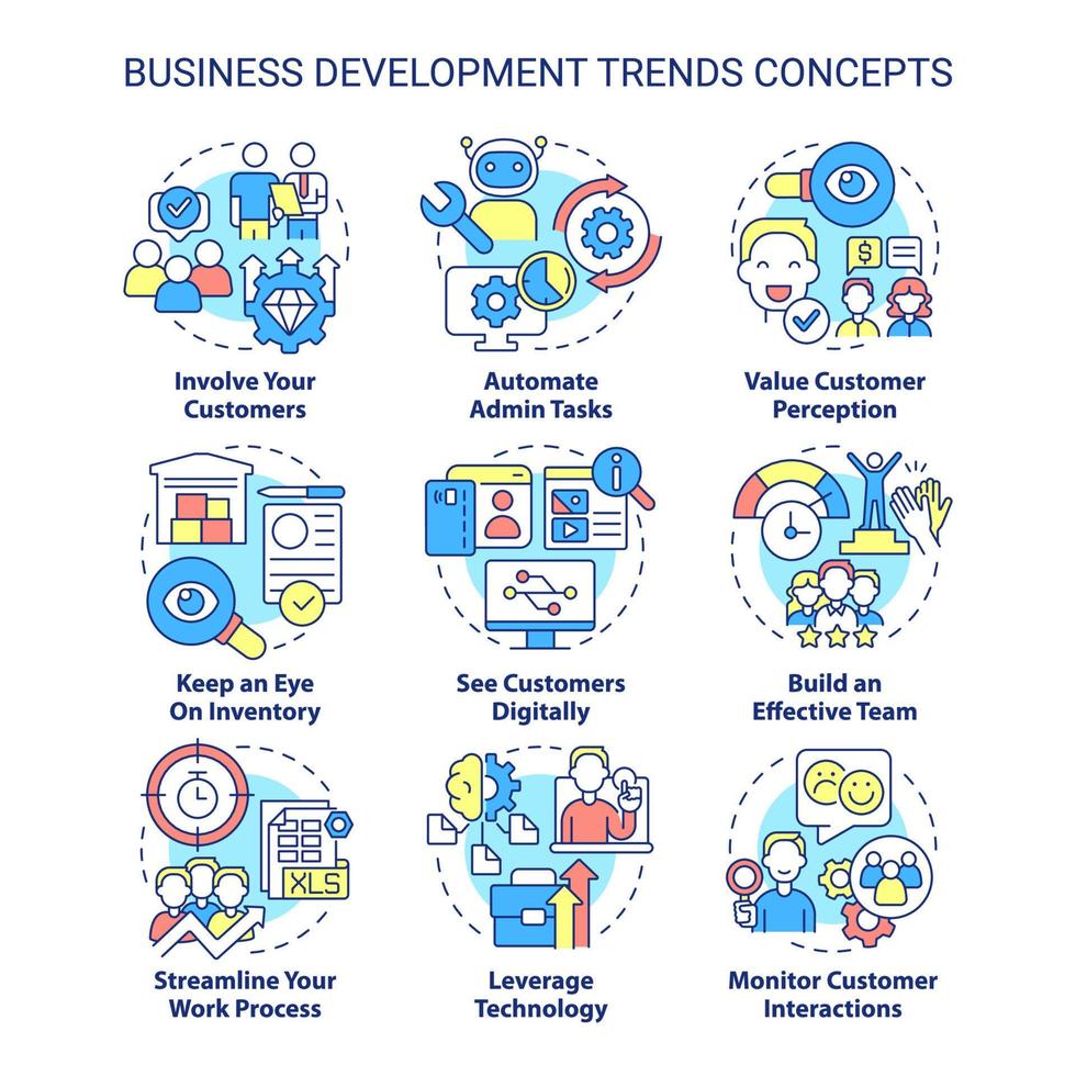 Business development trends concept icons set. Innovations and perspectives idea thin line color illustrations. Isolated symbols. Editable stroke. vector