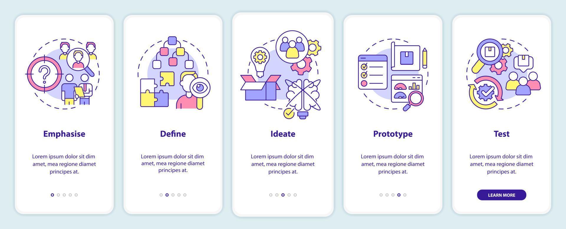 proceso de pensamiento de diseño incorporando la pantalla de la aplicación móvil. tutorial de desarrollo de productos páginas de instrucciones gráficas de 5 pasos con conceptos lineales. interfaz de usuario, ux, plantilla de interfaz gráfica de usuario. vector