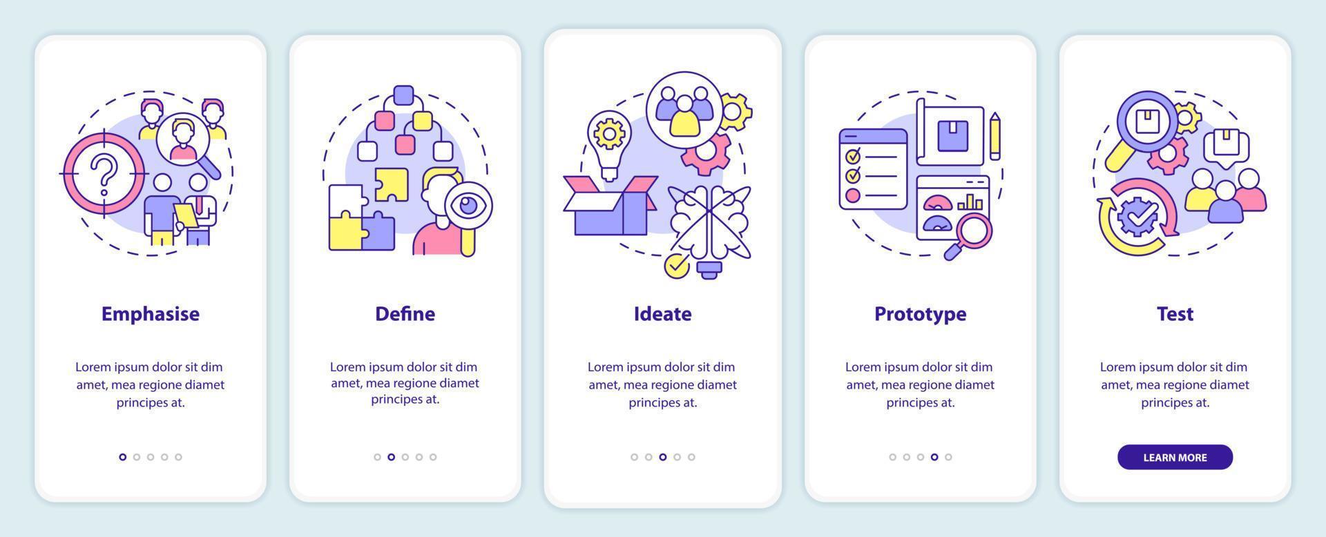 Design thinking process onboarding mobile app screen. Product developing walkthrough 5 steps graphic instructions pages with linear concepts. UI, UX, GUI template. vector