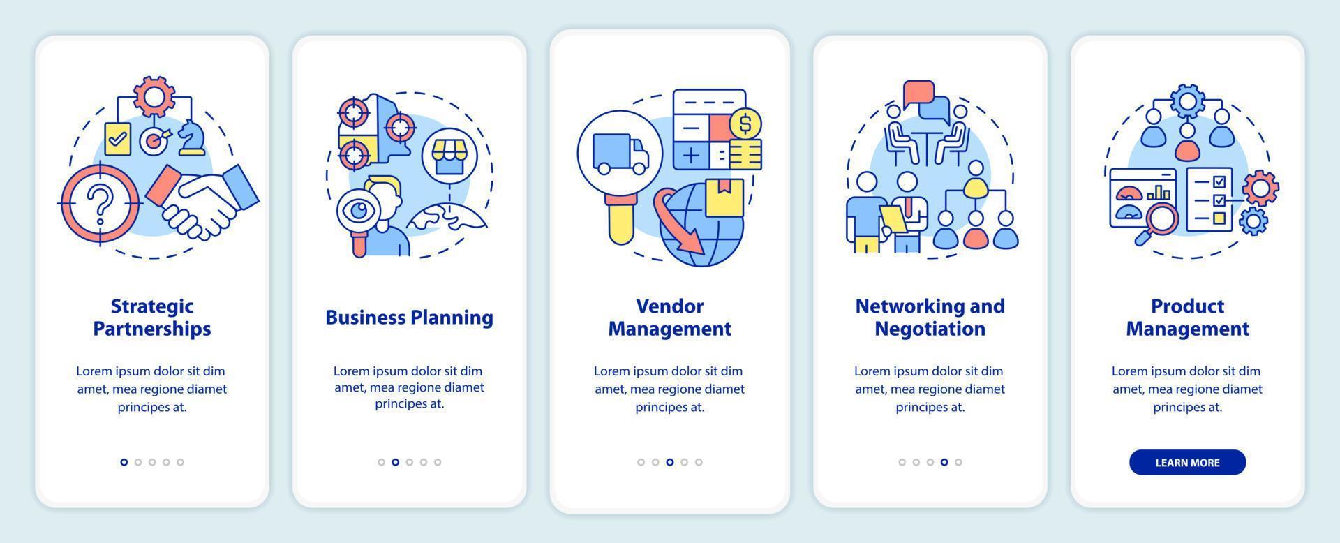 Business development ways onboarding mobile app screen. Processes walkthrough 5 steps graphic instructions pages with linear concepts. UI, UX, GUI template. vector