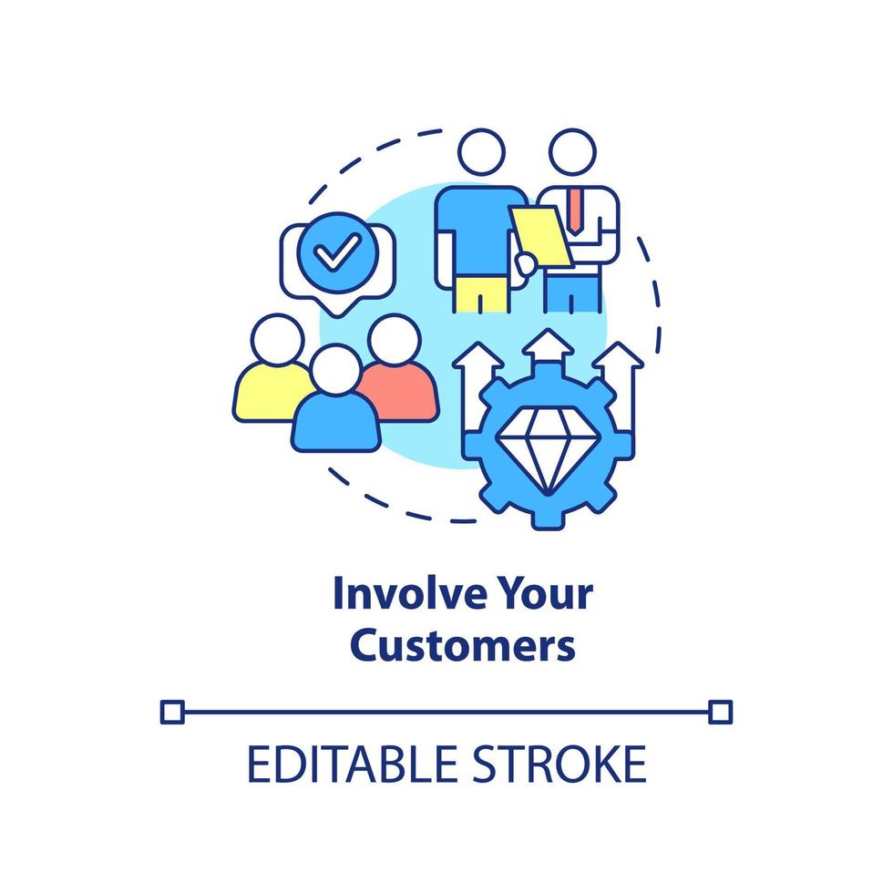 Involve your customers concept icon. Ways to client-centric business abstract idea thin line illustration. Isolated outline drawing. Editable stroke. vector