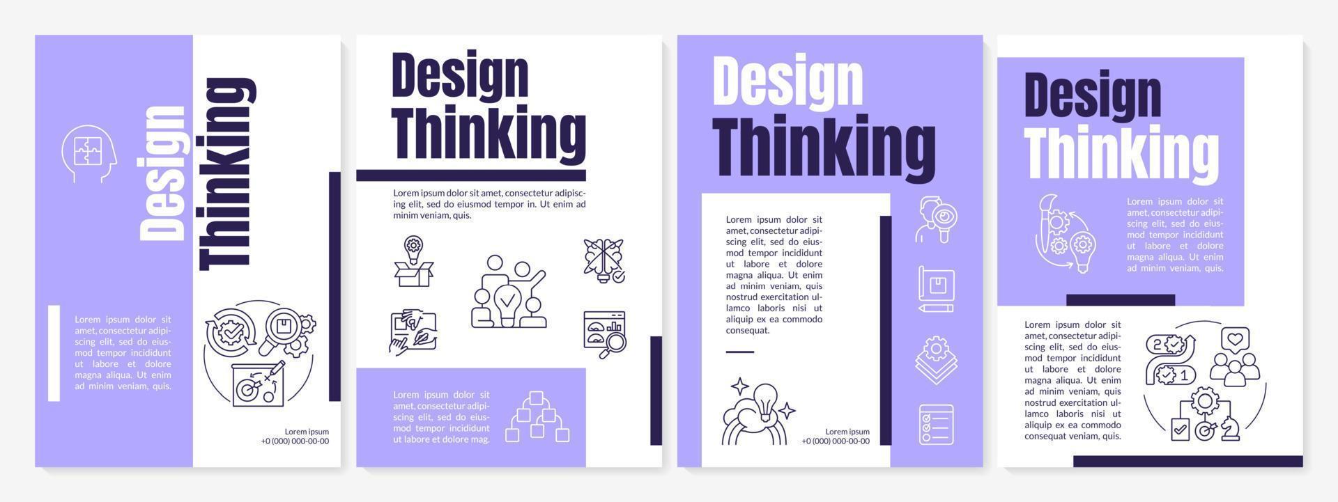 Plantilla de folleto púrpura de proceso de pensamiento de diseño. desarrollo de productos. diseño de folletos con iconos lineales. 4 diseños vectoriales para presentación, informes anuales. vector