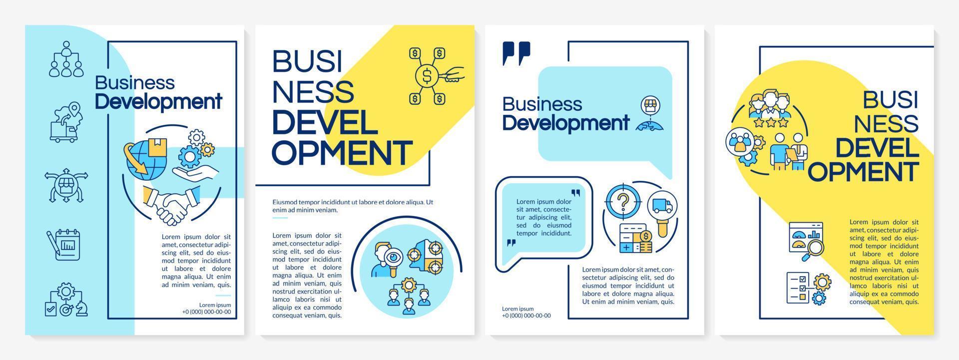 Business development blue and yellow brochure template. Corporate trends. Leaflet design with linear icons. 4 vector layouts for presentation, annual reports.