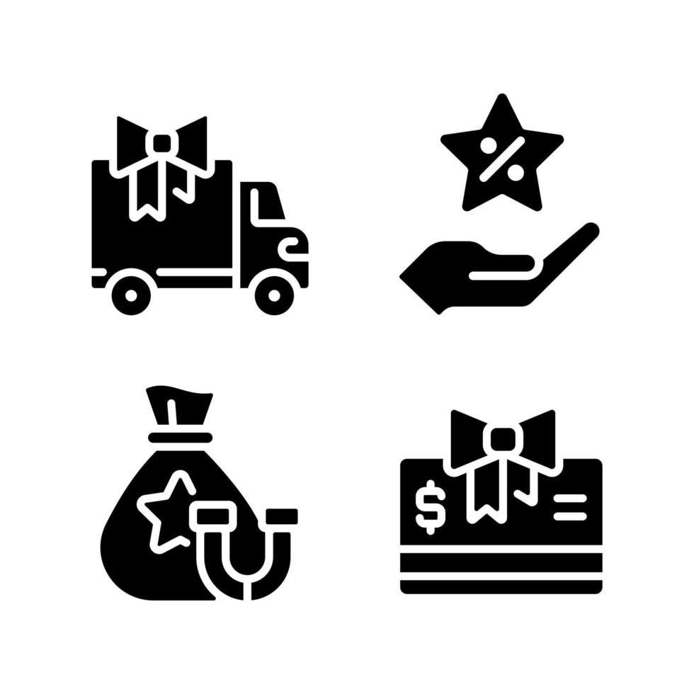 Ecommerce marketing black glyph icons set on white space. Free delivery. Bonus discount. Retention package. Gift cards. Silhouette symbols. Solid pictogram pack. Vector isolated illustration