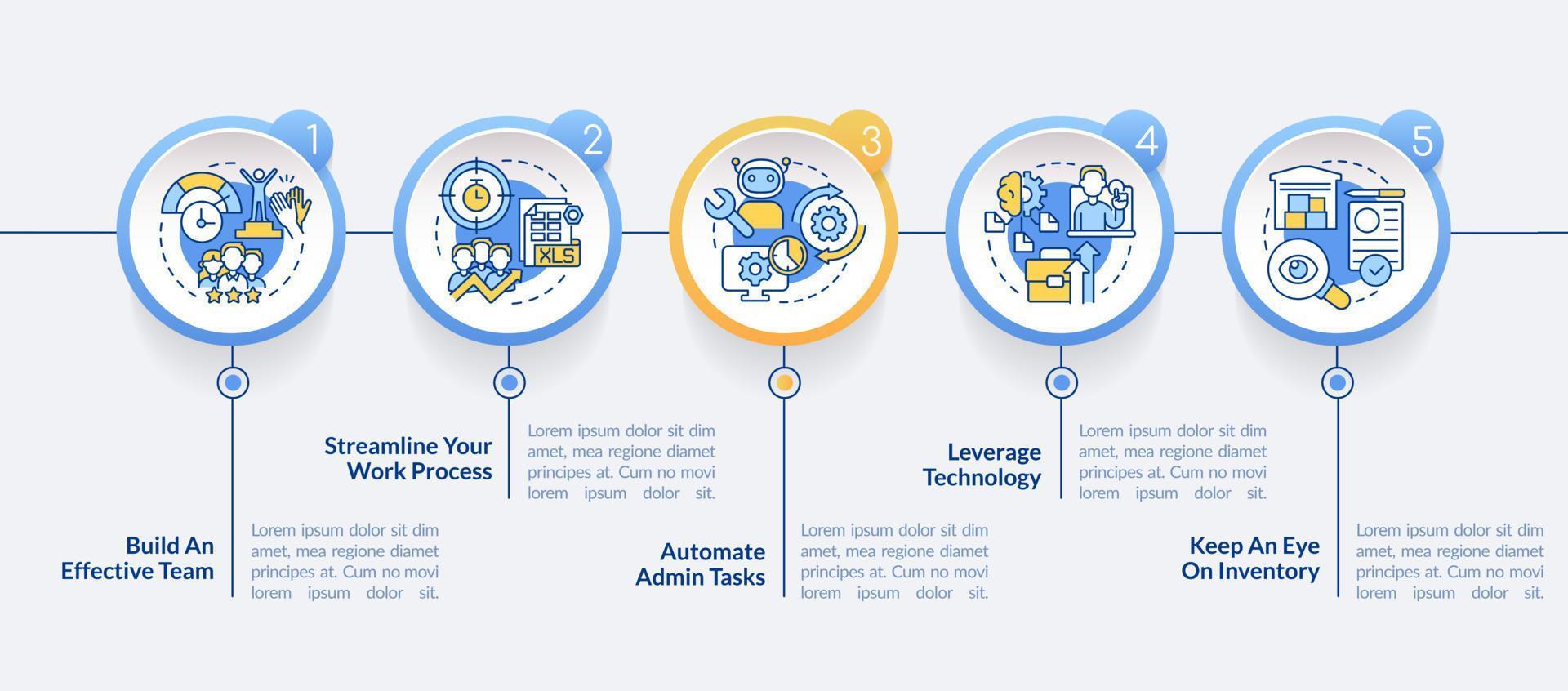 Ways to increase business efficiency circle infographic template. Data visualization with 5 steps. Process timeline info chart. Workflow layout with line icons. vector