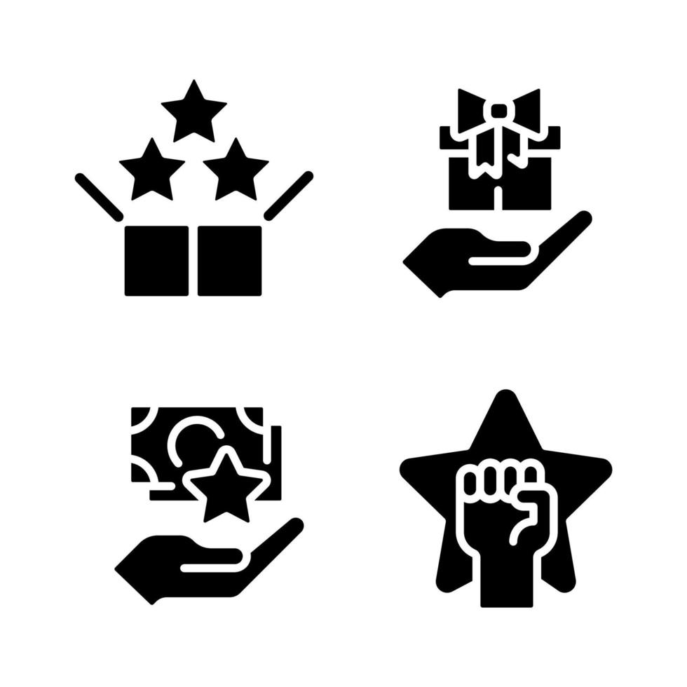 Effective sales strategy black glyph icons set on white space. Bundle service. Free gift. Cash bonus. Motivational incentives. Silhouette symbols. Solid pictogram pack. Vector isolated illustration