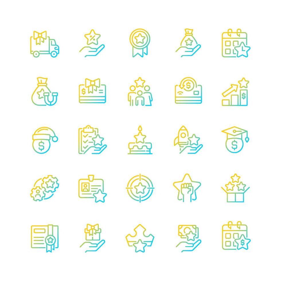 Bonuses gradient linear vector icons set. Special payment. Employee reward. Recognize customer loyalty. Compensation. Thin line contour symbol designs bundle.