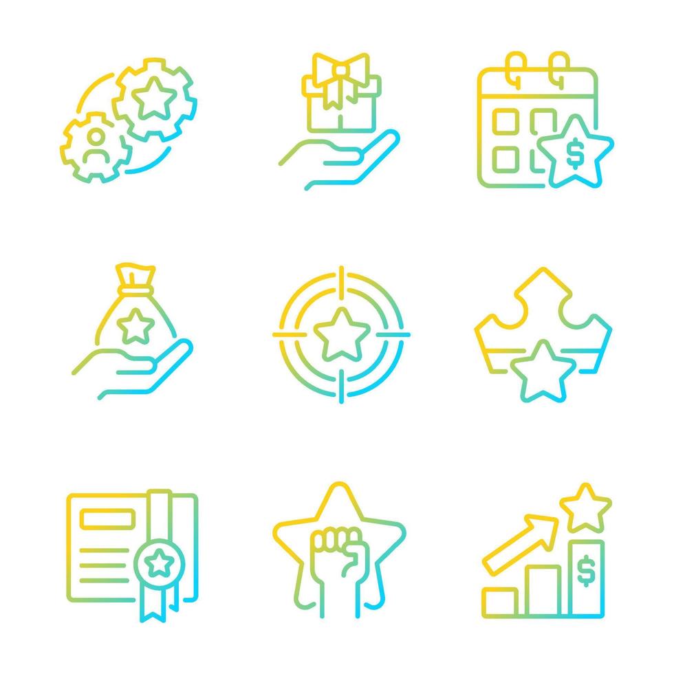 Incentive compensation gradient linear vector icons set. Raising employees motivation. Customer appreciation gifts. Thin line contour symbol designs bundle.