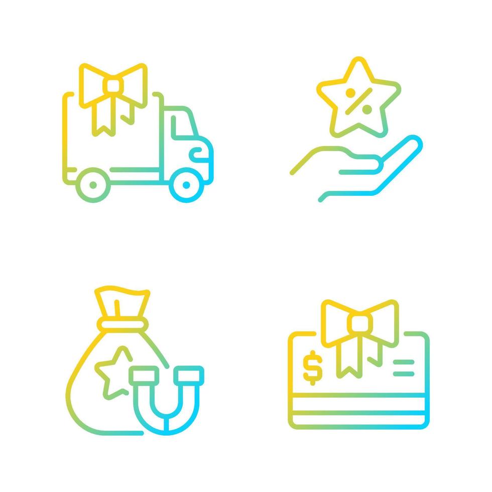 Ecommerce marketing gradient linear vector icons set. Free delivery. Bonus discount. Retention package. Gift cards. Thin line contour symbol designs bundle.