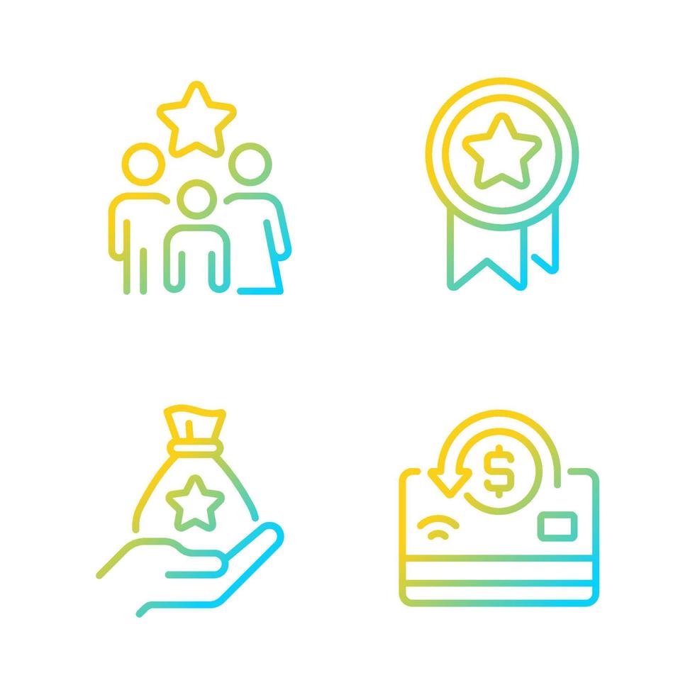 Cash awards gradient linear vector icons set. Benefits program. Family bonus. Noncash prize. Big financial reward. Thin line contour symbol designs bundle.