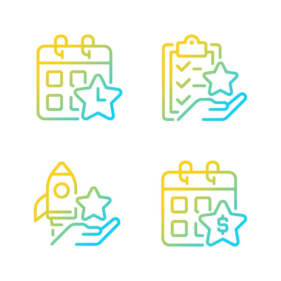 Employee bonus program gradient linear vector icons set. Workplace incentive and retention. Time off reward. Thin line contour symbol designs bundle.