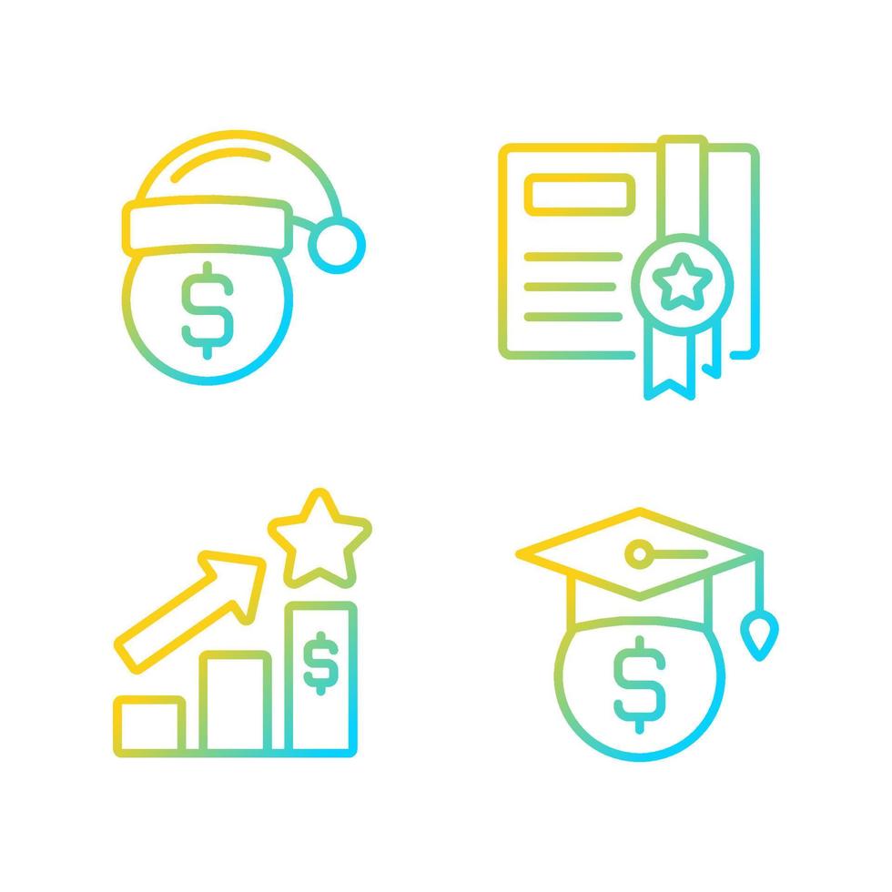Paying bonuses to employees gradient linear vector icons set. Scholarship. Holiday premium pay. Bonus certificate. Thin line contour symbol designs bundle.
