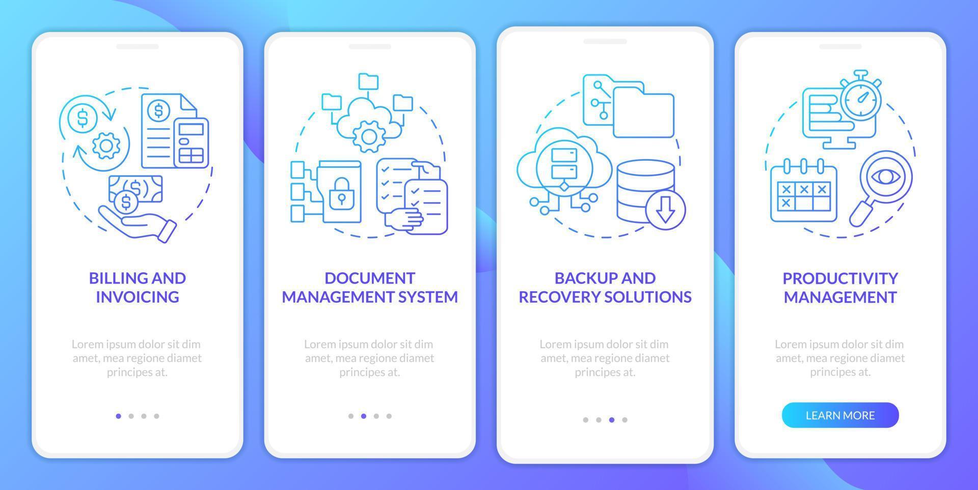 Tools for online workplace blue gradient onboarding mobile app screen. Walkthrough 4 steps graphic instructions pages with linear concepts. UI, UX, GUI template. vector