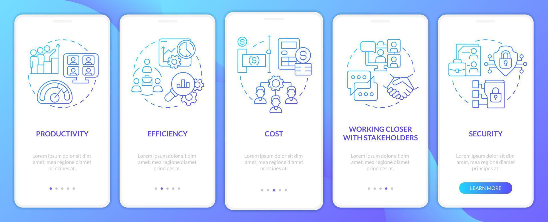 Advantages of telework blue gradient onboarding mobile app screen. Walkthrough 5 steps graphic instructions pages with linear concepts. UI, UX, GUI template. vector
