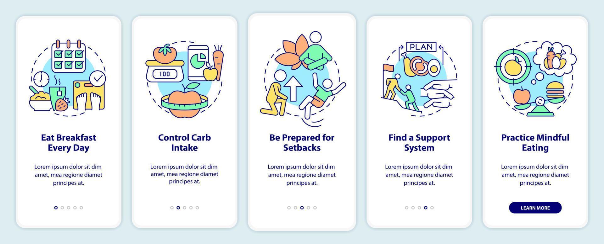 Control weight after diet onboarding mobile app screen. Walkthrough 5 steps graphic instructions pages with linear concepts. UI, UX, GUI template. vector