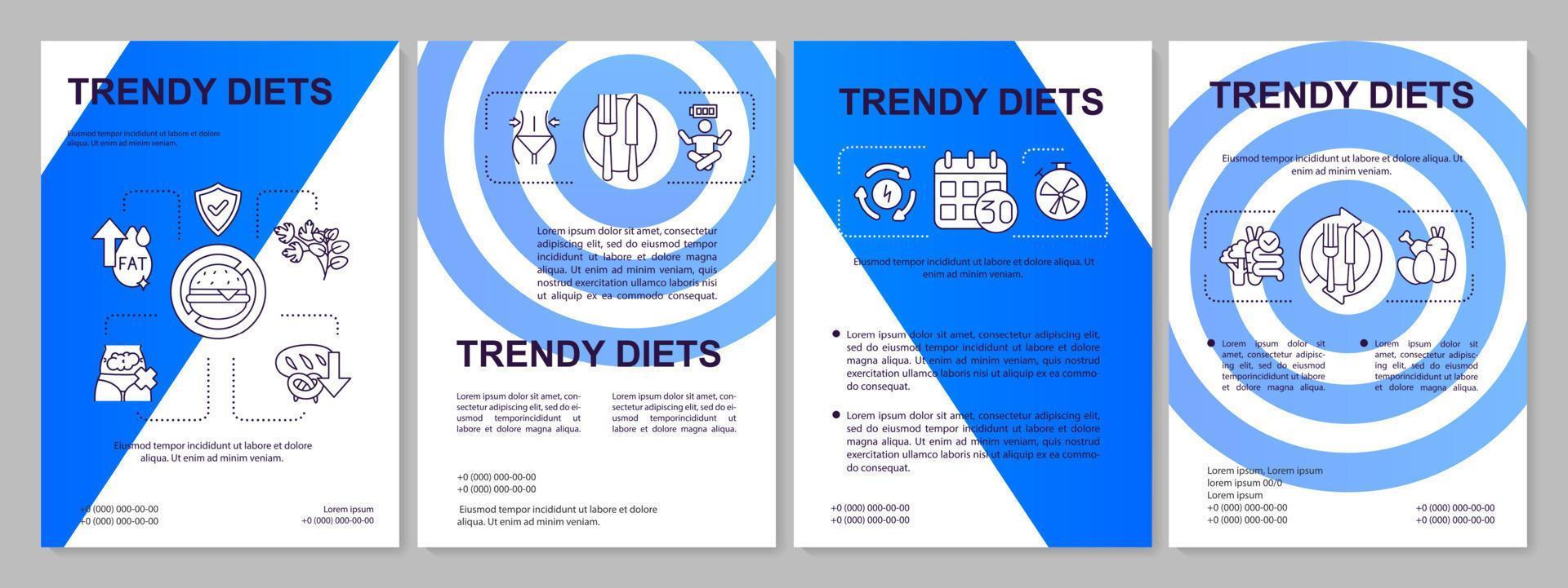 Trendy diets blue brochure template. Healthy nutrition and eating. Leaflet design with linear icons. 4 vector layouts for presentation, annual reports.