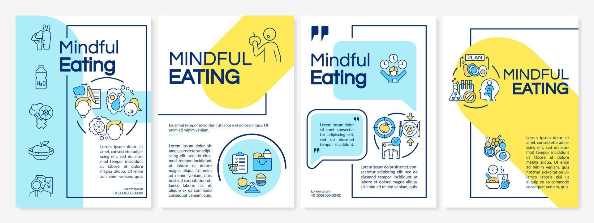 Mindful eating blue and yellow brochure template. Attentive nutrition. Leaflet design with linear icons. 4 vector layouts for presentation, annual reports.