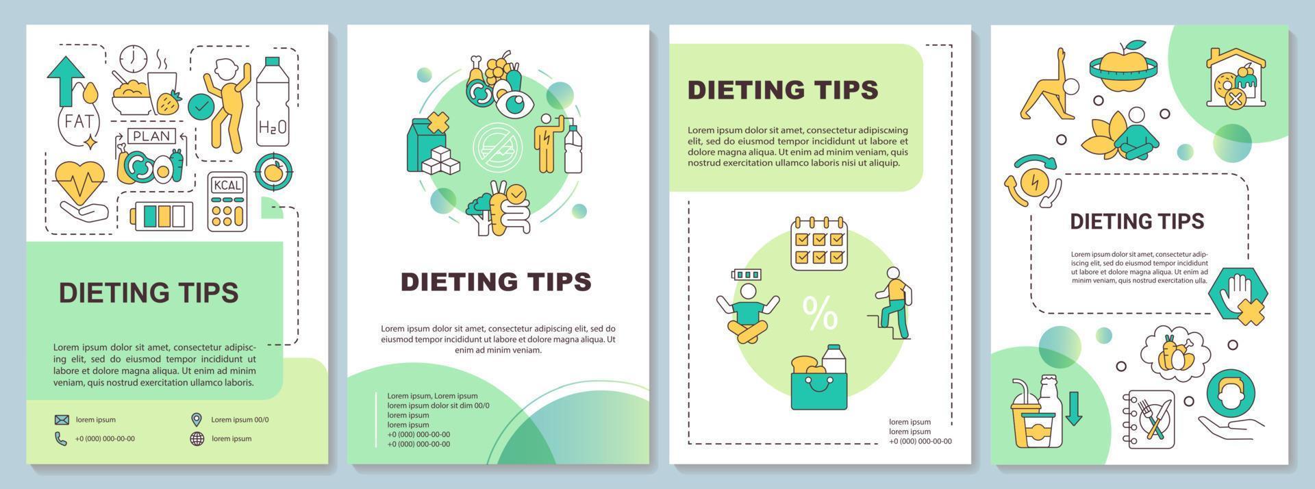 Dieting tips green brochure template. Losing weight. Healthy nutrition. Leaflet design with linear icons. 4 vector layouts for presentation, annual reports.