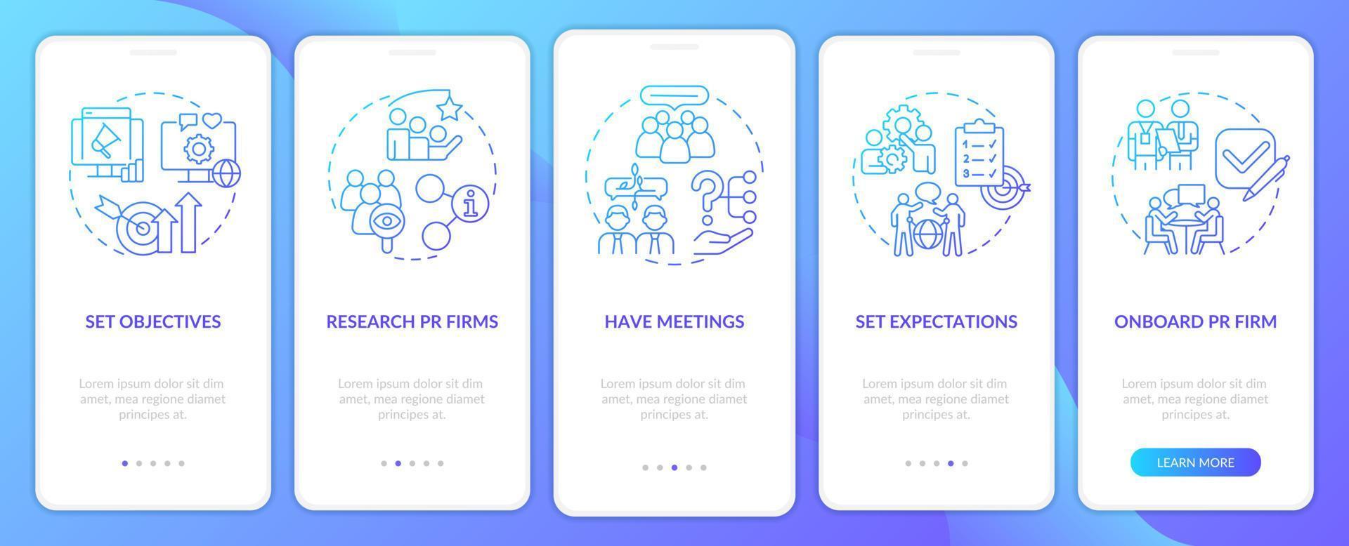 Hiring PR firm blue gradient onboarding mobile app screen. Choose agency walkthrough 5 steps graphic instructions pages with linear concepts. UI, UX, GUI template. vector