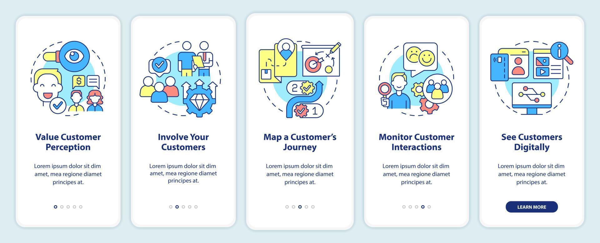 Ways to become customer-centric business onboarding mobile app screen. Walkthrough 5 steps graphic instructions pages with linear concepts. UI, UX, GUI template. vector