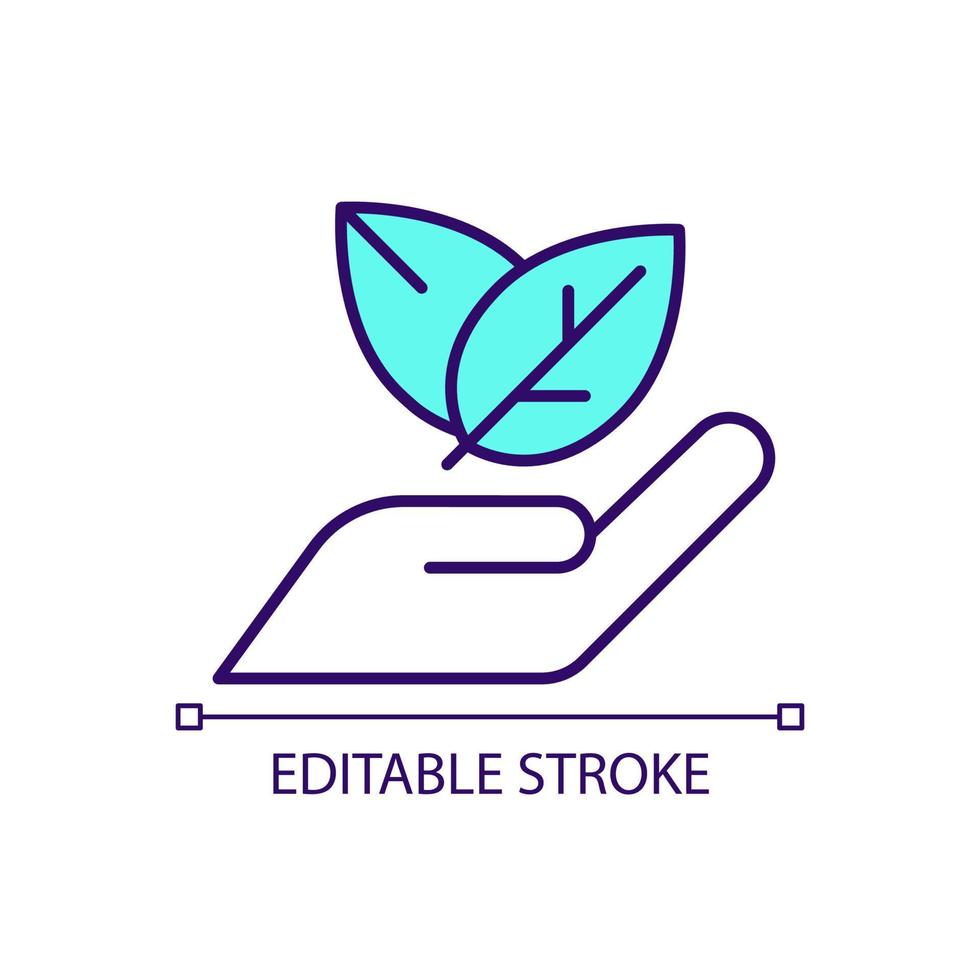 Hand with leaves RGB color icon. Nature protection program. Ecology and environment conservation. Isolated vector illustration. Simple filled line drawing. Editable stroke.