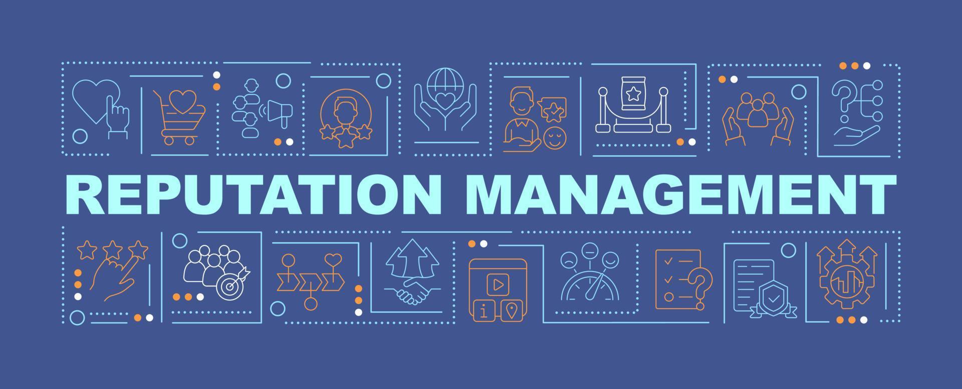 Firm reputation management word concepts blue banner. PR strategy. Infographics with icons on color background. Isolated typography. Vector illustration with text.