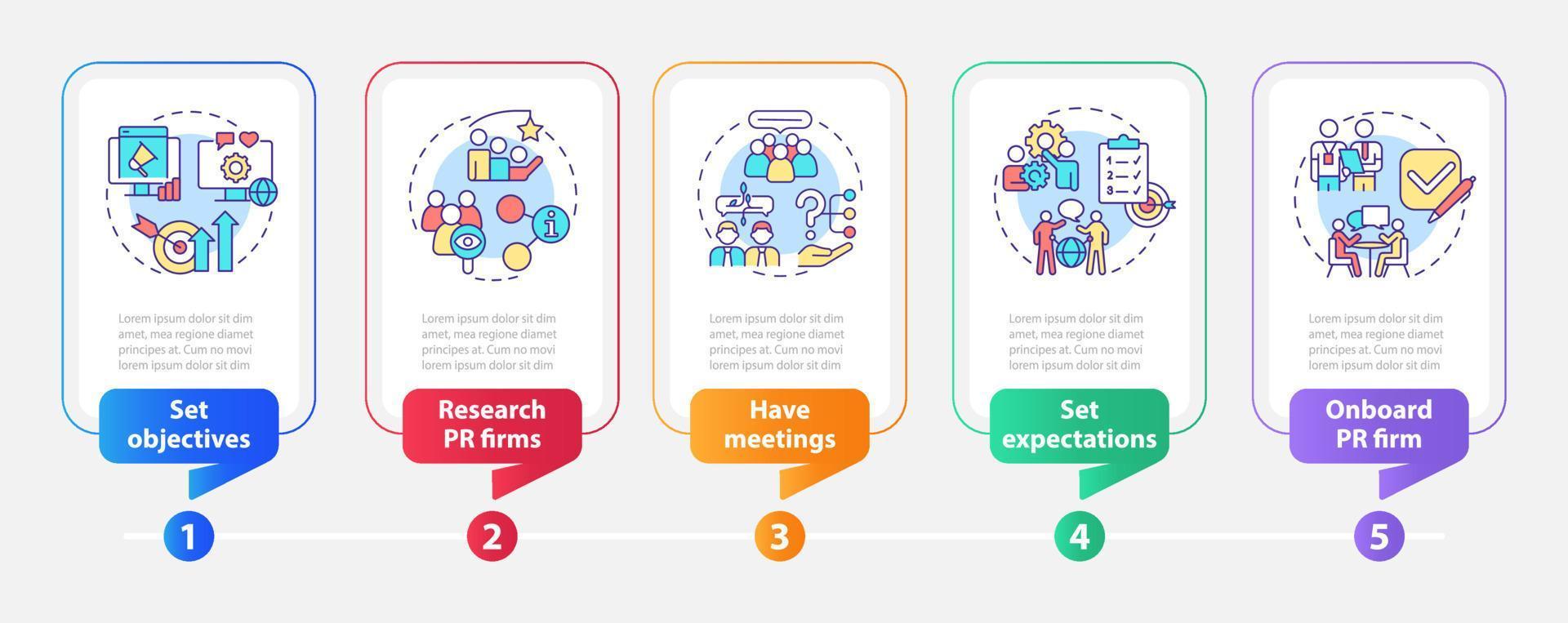 plantilla de infografía de rectángulo de empresa de contratación de relaciones públicas. elegir agencia. visualización de datos con 5 pasos. gráfico de información de la línea de tiempo del proceso. diseño de flujo de trabajo con iconos de línea. vector