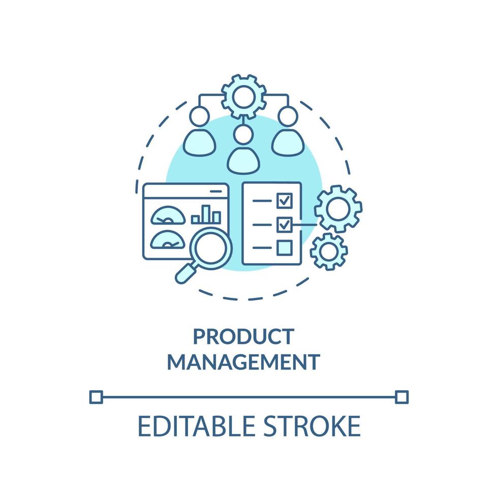 icono de concepto turquesa de gestión de productos. procesos de comercialización. desarrollo de negocios idea abstracta ilustración de línea delgada. dibujo de contorno aislado. trazo editable. vector