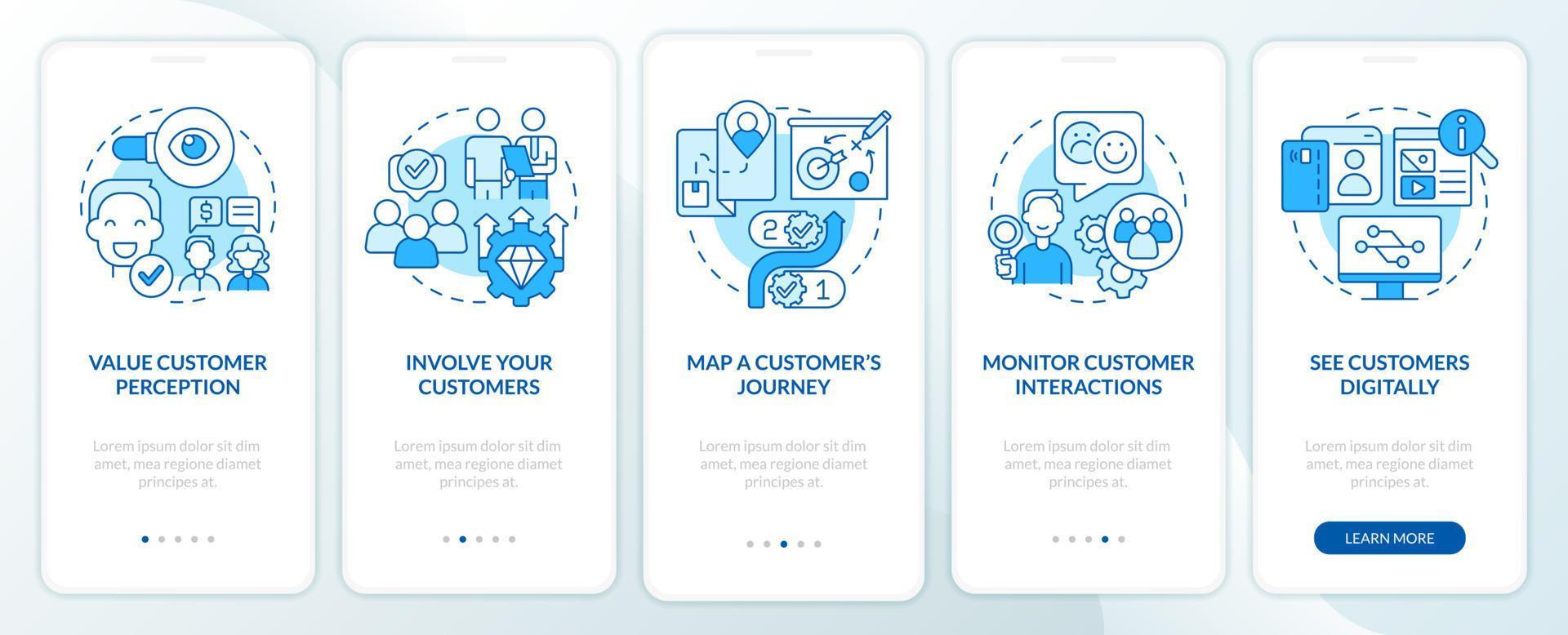 Building customer-centric business blue onboarding mobile app screen. Walkthrough 5 steps graphic instructions pages with linear concepts. UI, UX, GUI template. vector