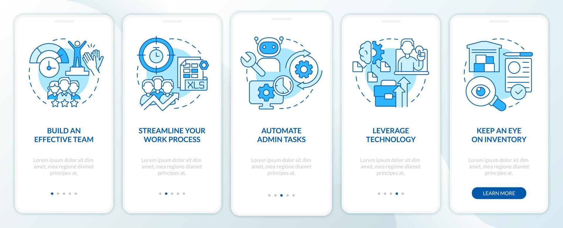 Ways to increase business efficiency blue onboarding mobile app screen. Walkthrough 5 steps graphic instructions pages with linear concepts. UI, UX, GUI template. vector