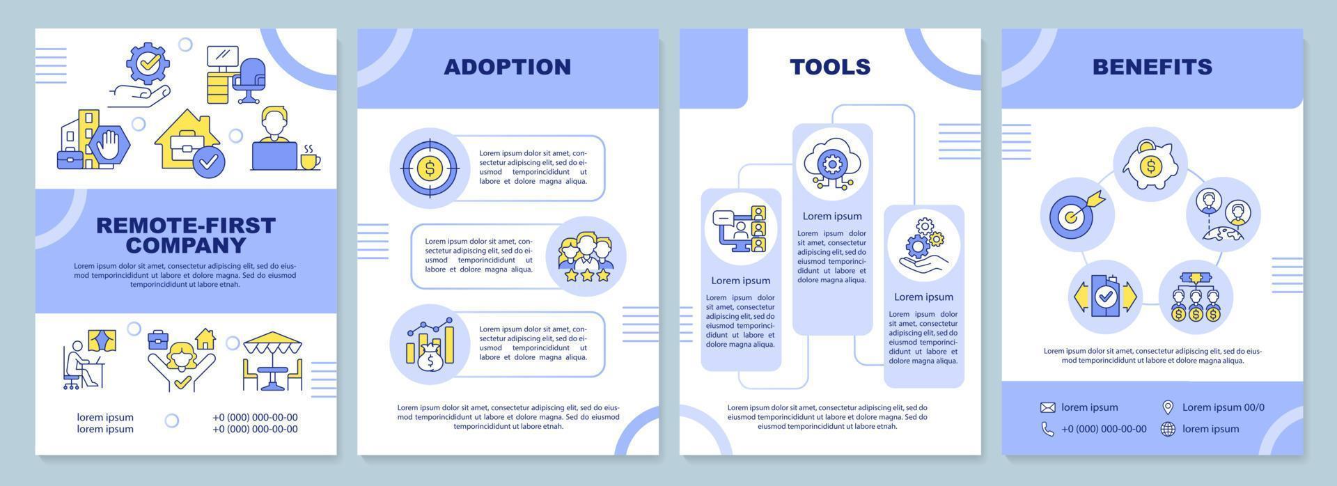 Remote-first purple brochure template. Business development. Leaflet design with linear icons. 4 vector layouts for presentation, annual reports.