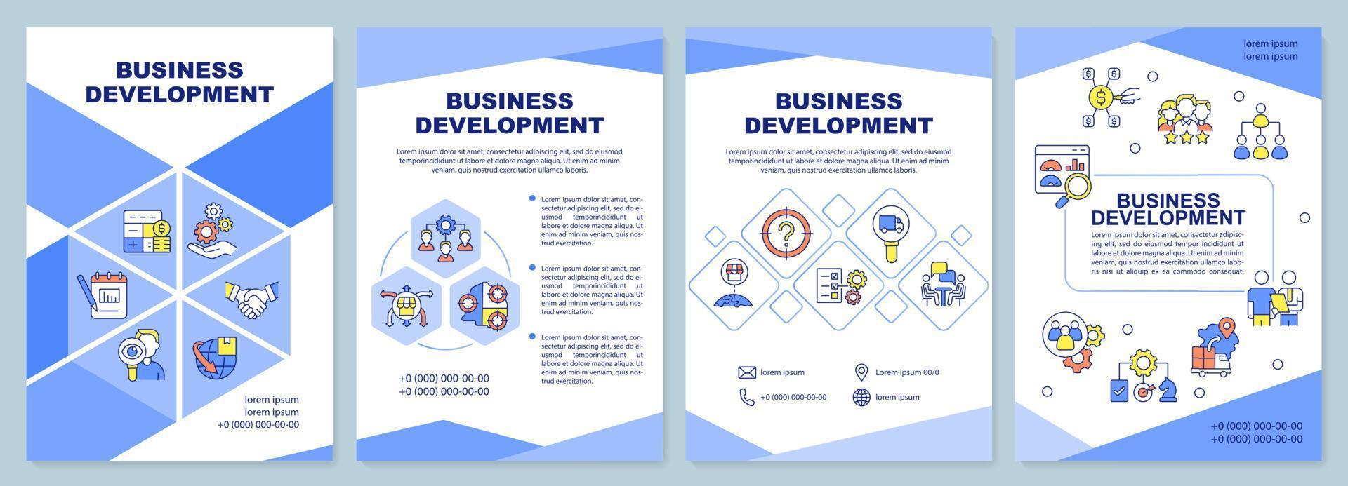 Business development blue brochure template. Corporate trends. Leaflet design with linear icons. 4 vector layouts for presentation, annual reports.