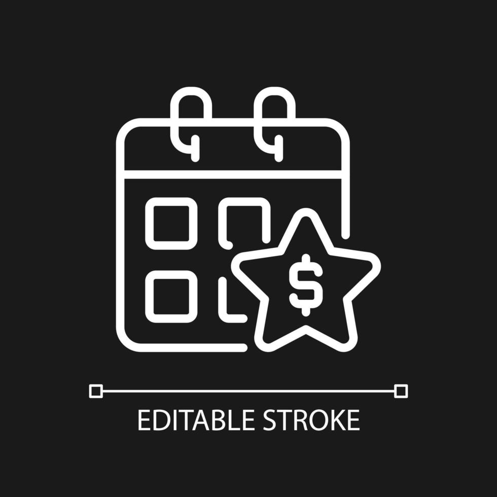 Annual bonus pixel perfect white linear icon for dark theme. Boost engagement. Extra money to regular paycheck. Thin line illustration. Isolated symbol for night mode. Editable stroke. vector