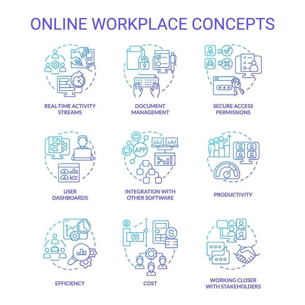 Online workplace blue gradient concept icons set. Business tools. Virtual office idea thin line color illustrations. Isolated symbols. Editable stroke. vector