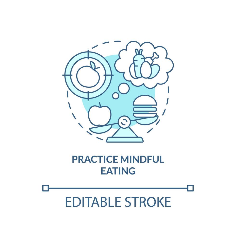 Practice mindful eating turquoise concept icon. Maintaining weight after diet abstract idea thin line illustration. Isolated outline drawing. Editable stroke. vector