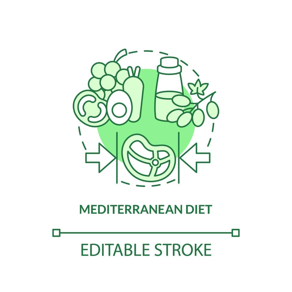 Mediterranean diet green concept icon. Mediterranean cuisine. Trendy diets abstract idea thin line illustration. Isolated outline drawing. Editable stroke. vector