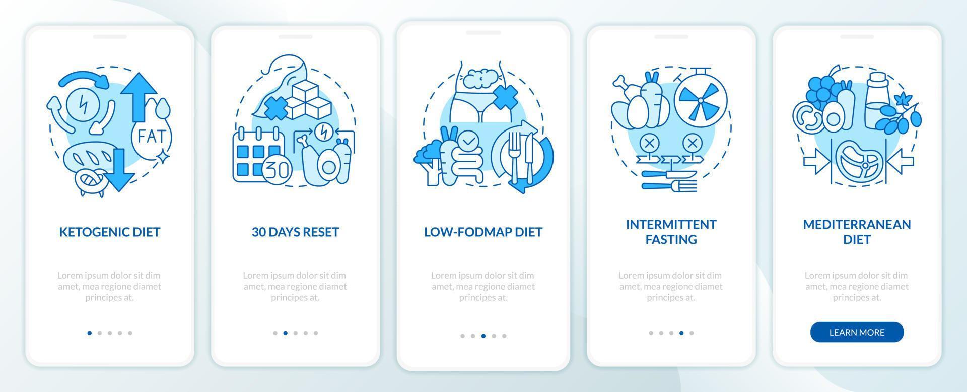 pantalla de aplicación móvil de incorporación azul de dietas de moda. tutorial de nutrición saludable 5 pasos páginas de instrucciones gráficas con conceptos lineales. interfaz de usuario, ux, plantilla de interfaz gráfica de usuario. vector