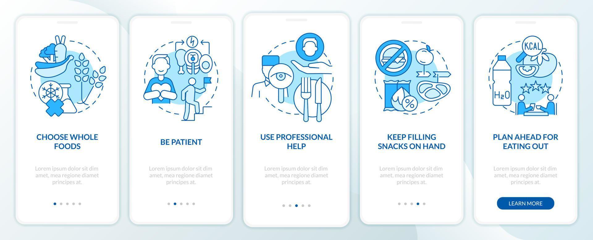 Approaches to healthy diet blue onboarding mobile app screen. Walkthrough 5 steps graphic instructions pages with linear concepts. UI, UX, GUI template. vector