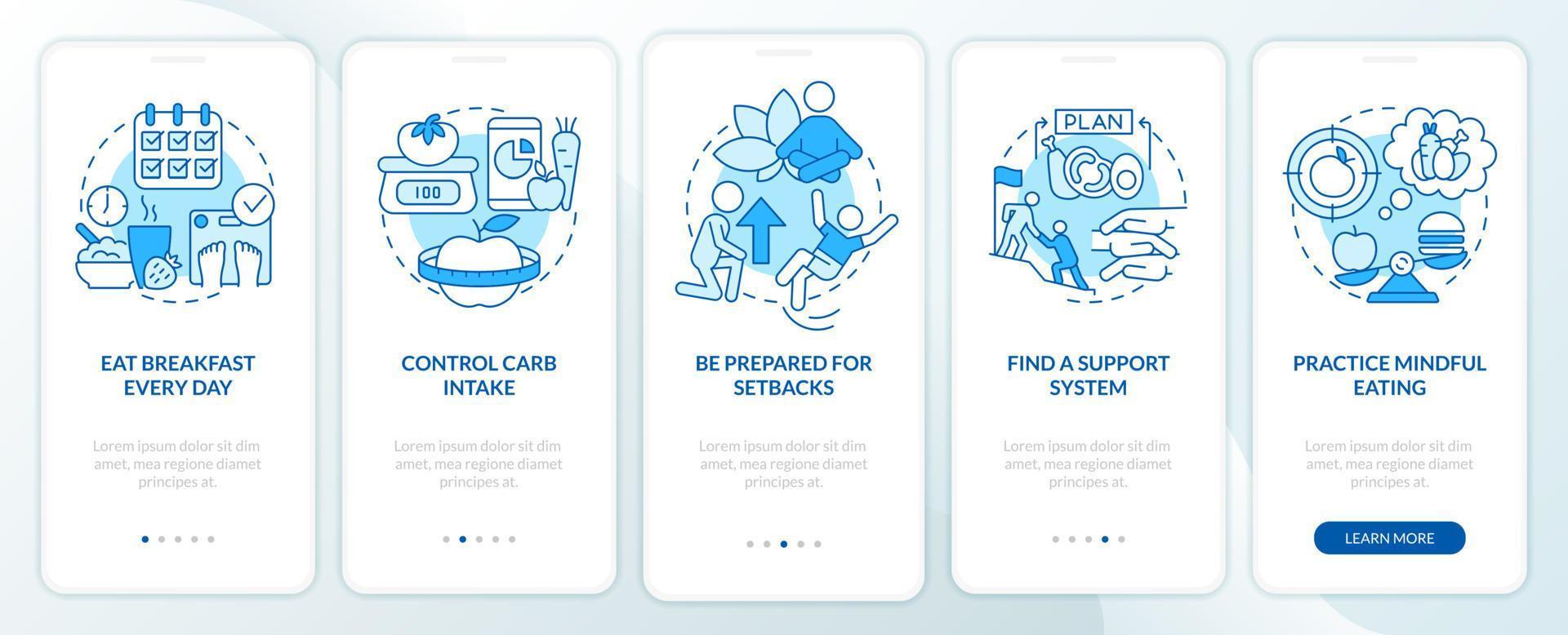 Control weight after diet blue onboarding mobile app screen. Walkthrough 5 steps graphic instructions pages with linear concepts. UI, UX, GUI template. vector