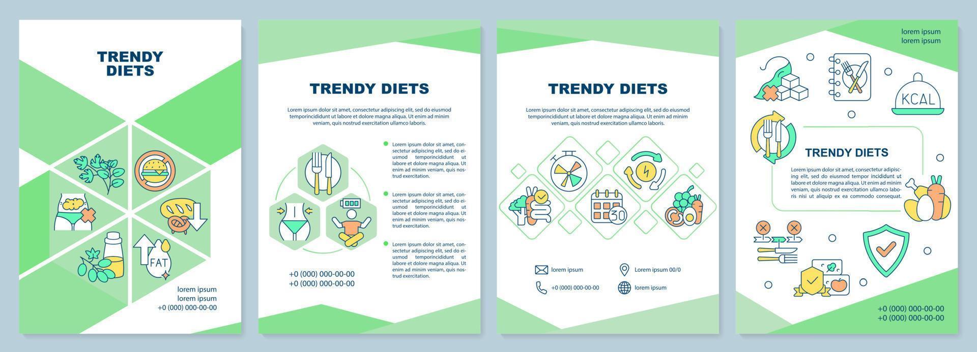 Trendy diets brochure template. Healthy nutrition and eating. Leaflet design with linear icons. 4 vector layouts for presentation, annual reports.