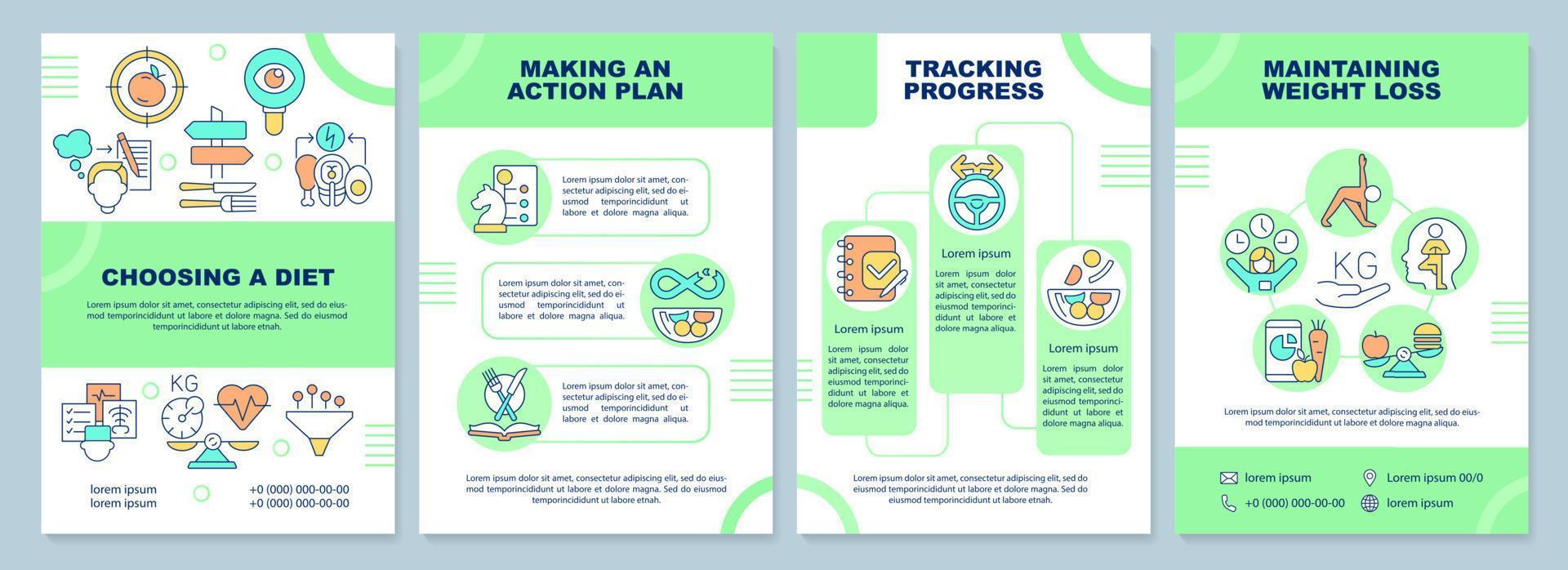 Dieting brochure template. Healthy nutrition plan. Weight loss. Leaflet design with linear icons. 4 vector layouts for presentation, annual reports.