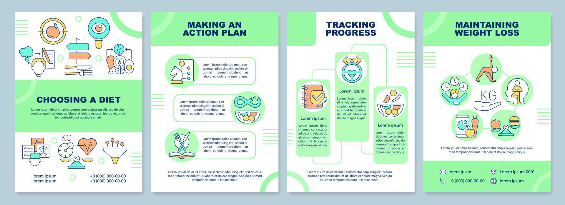 plantilla de folleto de dieta. plan de nutrición saludable. pérdida de peso. diseño de folletos con iconos lineales. 4 diseños vectoriales para presentación, informes anuales. vector