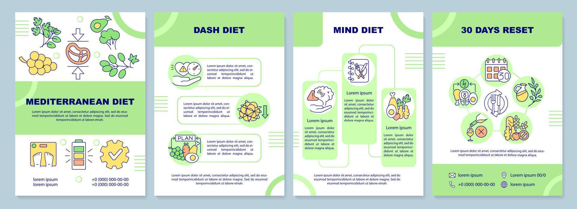 Popular and trendy diets brochure template. Healthy nutrition. Leaflet design with linear icons. 4 vector layouts for presentation, annual reports.