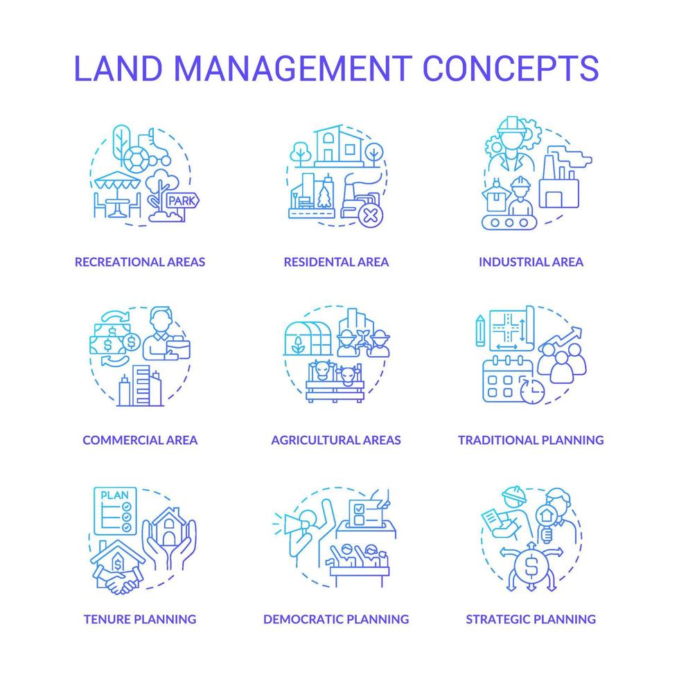 Land management blue gradient concept icons set. Residential areas idea thin line color illustrations. Commercial, industrial spaces. Isolated symbols. vector