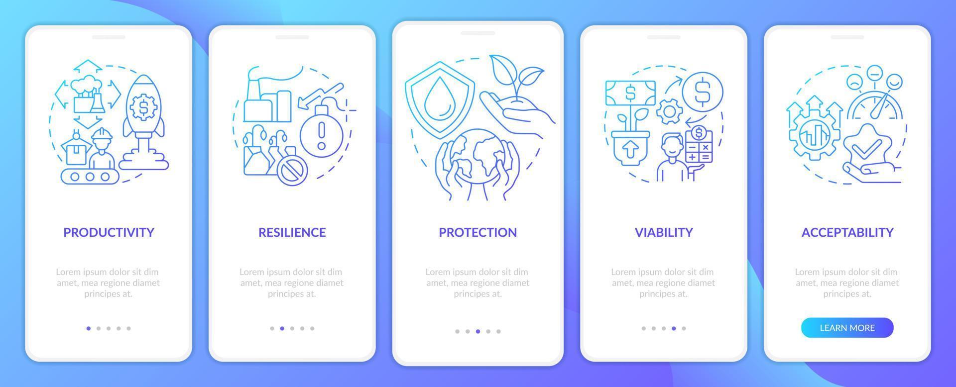 Sustainable land management blue gradient onboarding mobile app screen. Walkthrough 5 steps graphic instructions pages with linear concepts. UI, UX, GUI template. vector