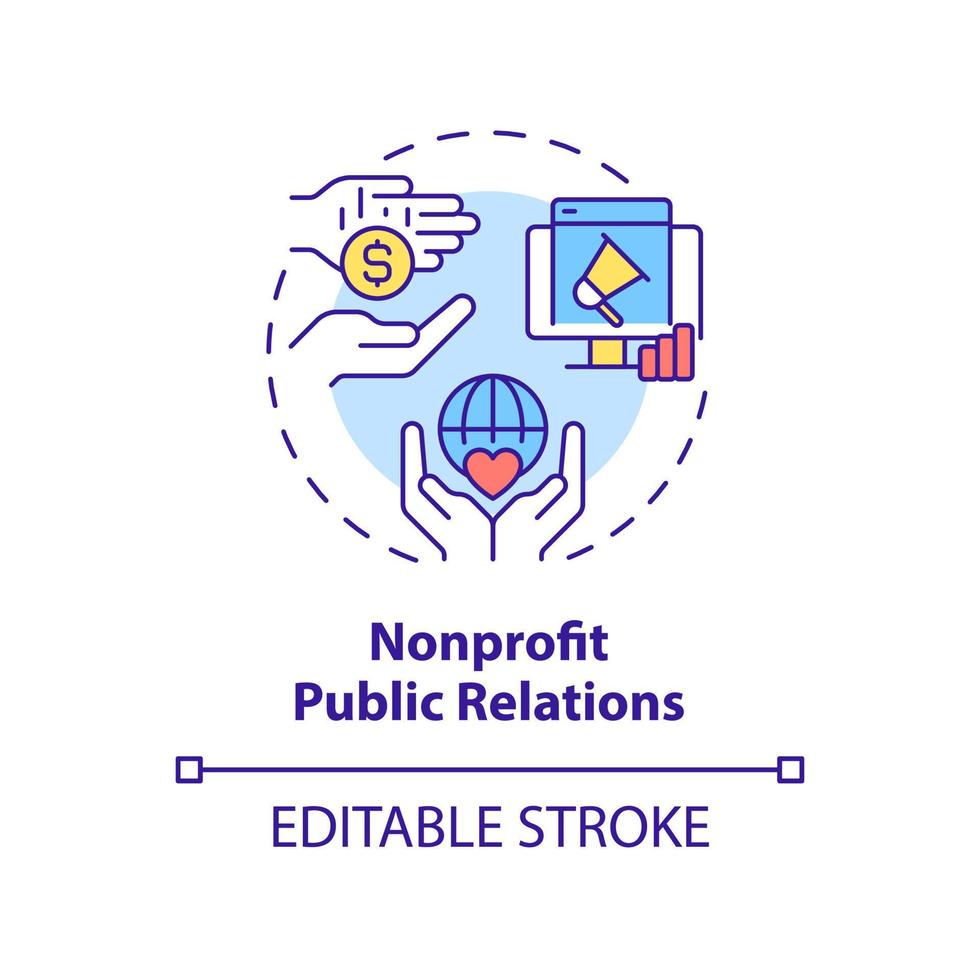 Nonprofit public relations concept icon. Charity organizations. Types of PR firms abstract idea thin line illustration. Isolated outline drawing. Editable stroke. vector